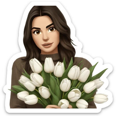 brunette Kendall Jenner with soft and long and brown hair her eyes brown and Holding a bouquet of white tulips Her hair is wavy and shiny With brown sweater just one  sticker