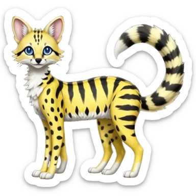 Lanky slender beautiful elegant spotted hype-realistic, black-maned, vibrant yellow Genet-Serval-Sergal-Margay-Fox-fusion-hybrid-furry-fursona, full body, with a long puffy fluffy black-and-white-striped tail, with natural blue eyes sticker