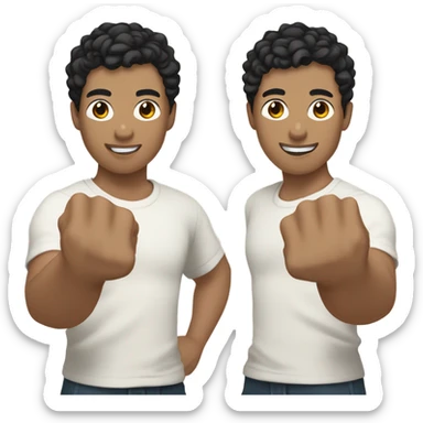 man with short curly black hair with bangs, asian skin type, left hand in a fist, right hand wraps around left hand  sticker