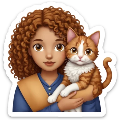Curly hair light brown skin girl holding calico cat sticker