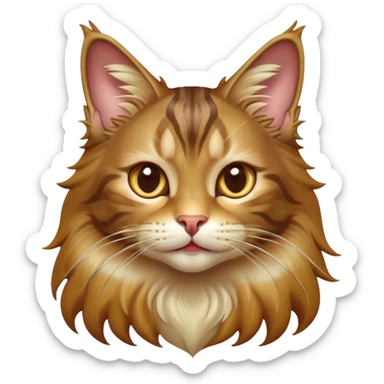 Cinematic Cute Maine Coon Cat Portrait Emoji, Head tilted playfully and inquisitively, sleek brown, gold, and cream tones, Simplified yet adorable features, highly detailed, glowing with a warm, friendly glow, high shine, curious and affectionate, stylized with a touch of whimsy, bright and alert, soft glowing outline, capturing the essence of a mischievous yet loving kitten, so endearing it feels like it could pounce out of the screen and play with its fluffy tail swishing! sticker