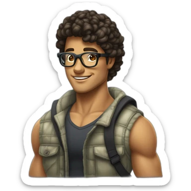 Beau jeune brun cheveux noir bouclé coupe dégradé avec une tortue met de lunette noir et grand de taille et musclé sticker