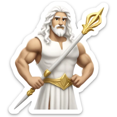 white Poseidon with gold Trident. long white hair white dress. show biceps muscle sticker