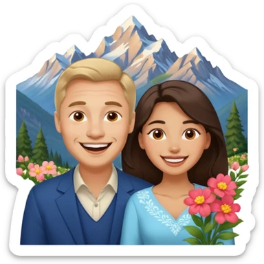 Couple  laughing traveling russian man and elegant  Latina girl delicate flowers and mountains in the background  sticker