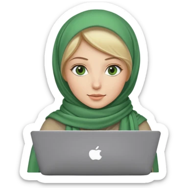 blond women skine , with green eyes , with scarf hijab ,dont show hir hair, with macbook sticker