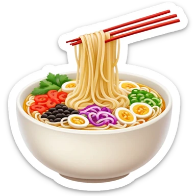 Shaanxi cold skin noodles with colorful toppings, simplified emoji style with bold outlines and bright colors, cartoon style Xi'an famous cold appetizer sticker