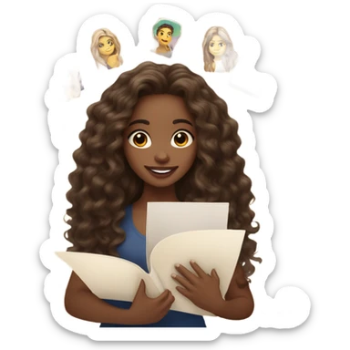 light skinned fair girl with long, wavy, dark brown hair and brown eyes, holding a journal, surrounded by a vision board sticker