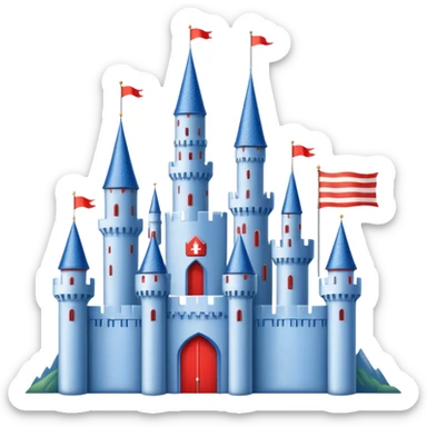 The flag has a yellow background with four horizontal red stripes running across it. In the upper left corner, there is a blue rectangle containing a white, stylized castle with three towers, the middle tower being taller than the others. sticker