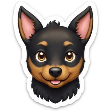 Cinematic Comical Black and Tan Kelpie Portrait Emoji, Head tilted dramatically with an exaggeratedly amused expression, featuring a striking black Fur with bold tan patches, wide, expressive dark eyes filled with playful disbelief, Simplified yet hilariously expressive features, highly detailed, glowing with a slightly sassy glow, high shine, dramatic yet playful, stylized with an air of cheeky mischief, bright and endearing, soft glowing outline, capturing the essence of a spirited and over-the-top herder, so meme-worthy it feels like it could side-eye its way into internet fame instantly! sticker