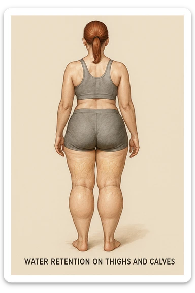 realistic anatomical illustration of a woman in sportswear, rear view, showing water retention on thighs and calves: swelling, smooth skin, subcutaneous fluid accumulation, neutral medical style background sticker