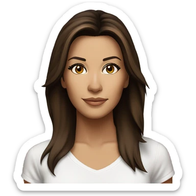 3/4 face, contrasted, shadow, light, Eva Longoria expression, standing from a distance, thin nose, brunette woman, hazel eyes, long eyelashes, dark shoulder shaded hair, white t-shirt, jeans, white sneakers sticker