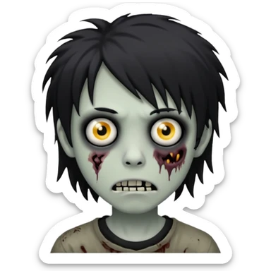 creepy boy zombie, black shaggy emo hair, medium long, dark and spooky sticker