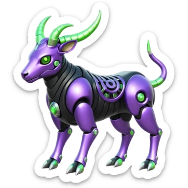 Futuristic mechanical cyborg horned modern badass cool shiny metallic alloy black-obsidian purple neon-green white lime animal hybrid Fakemon full body with intricate patterns sticker