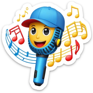 Create a dynamic and energetic emoji that represents beatboxing. The design should feature a microphone with a singing mouth and soundwaves or rhythmic beats emanating from it, symbolizing the vocal percussion and rhythm of beatboxing. Add a cap placed on top of the microphone to reflect street culture and the individuality of the performer. Include musical notes floating around to emphasize the musicality. Use bold, vibrant colors like neon blue, red, and yellow to convey energy and excitement. The background should be transparent. sticker