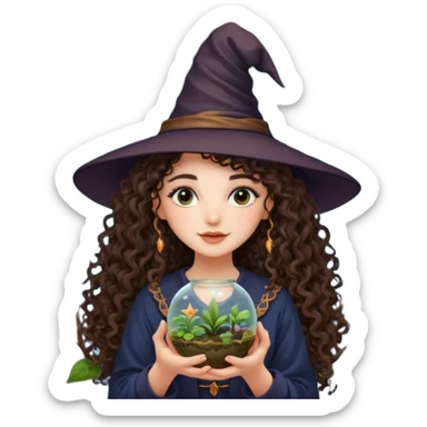 A long curly haired brunette girl with a moon, witch hat, holding a plant terrarium sticker