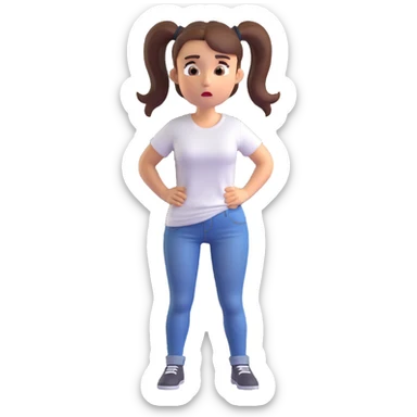 cute 3D mini woman with ponytail hairstyle, wearing white t-shirt and jeans, confused facial expression sticker