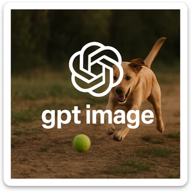  logo of chat gpt with text "gpt image" on the background of a dog chasing ball, realistic image sticker