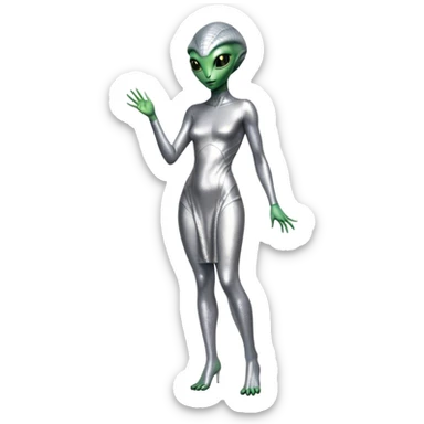 alien reptilian woman in silver dress, full body green eyes sticker