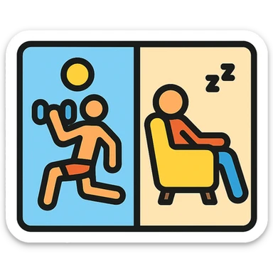 a picture devided into two parts, the first part shows a sportsman doing his workout, the second show a sportsman being lazy sticker