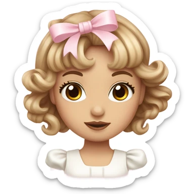 pale girl , who has wavy long length light brown and baby pink swirled hair with bangs , hazel eyes , and doll like makeup , in a withe dress and light pink bow sticker