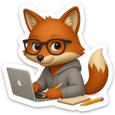 Change the pose of the fox so that it is sitting sideways to the laptop, slightly turning its head towards the screen. The fox should wear a gray hoodie and glasses, holding a pencil in one hand with a notebook nearby. The fur should be clear and detailed. The style should resemble emoji style. No background (transparent). sticker
