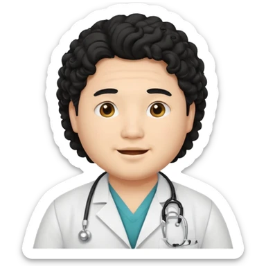 a young asian chubby male doctor with black long curly hair and cheerful face without gpasses sticker