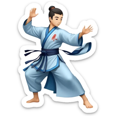 Emblem symbolizing Wushu martial arts. A graceful martial artist performs a dynamic kung fu pose, with flowing movements and a long, elegant robe. The background features stylized clouds and traditional Chinese symbols, representing fluidity, balance, and precision. Transparent background. sticker