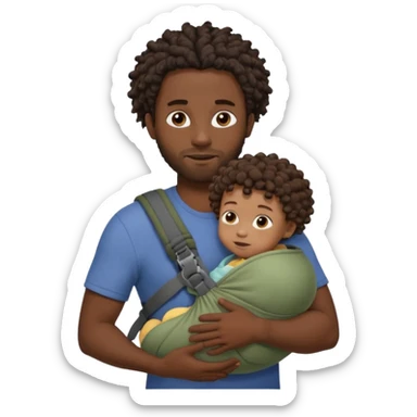 Very Dark skinned black Dad, with short dread locks with his brown curly haired baby in carrier baby, only back if babies head is visible sticker