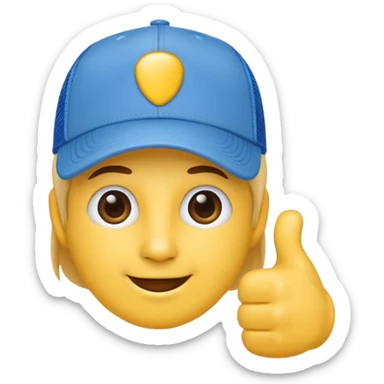 hat emoji giving thumbs up with blue trucker style cap with white front sticker