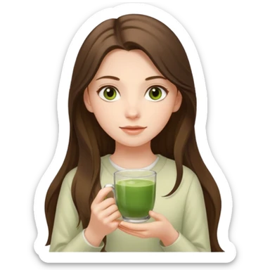 white long brunette hair girl with hazel eyes wearing light who is holding matcha sticker
