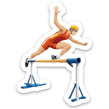A collage of track and field equipment: a starting block, javelin, hurdle, discus, and high jump bar, symbolizing various disciplines. The background features a vibrant stadium with a running track, field events area, and cheering crowds.  sticker