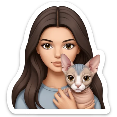 brunette Kendall Jenner with long hair holding on the hands grey and white Sphynx sticker