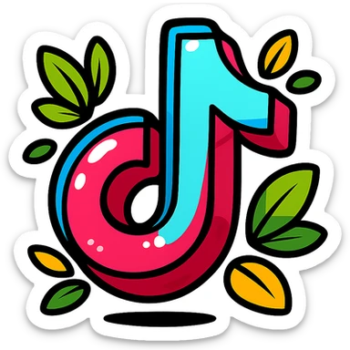 plump, vibrant, cartoon-style TikTok logo, bold outline, expressive shadows, glossy highlights, decorated with bright leaves around the logo, no background sticker