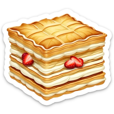 mille-feuille-cinematic-realistic-mille-feuille-dessert-emoji,-depicted-as-a-rectangular delicate-pastry-composed-of-two-crisp-layers-of-puff-pastry-with-a-rich-cream-filling,-rendered-with-intricate-textures-and-elegant,-soft-lighting. Please only show two layers only. sticker