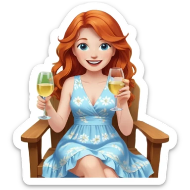 Laughing redhead with long hair and blue eyes holding white wine bottle sitting in chair beside fire pit in backyard sticker