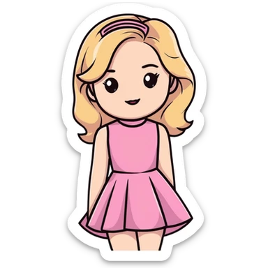 Sabrina Carpenter blonde singer in her Short n' Sweet era, pink dress and glamorous sticker