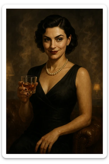 mafia boss, female, elegant dress, pearl necklace, sly smile, holding a glass of whiskey, smoky lounge background sticker