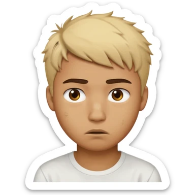 caramel skin color. Teen age. Short buzz, messy blonde hair, dark brown bushy eyebrows large expressive golden-brown eyes, brown skin color, scar over nose, wearing a plain white t-shirt. Disappointed thinking facial expression. caramel skin color. 20 year old male. sticker