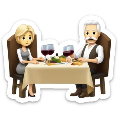 Repas raclette et deux verres de vin blanc en couple 50 ans, femme blonde cheveux aux-dessus des épaules homme petite barbe et moustache grisonnantes et cheveux bruns grisonnant  sticker