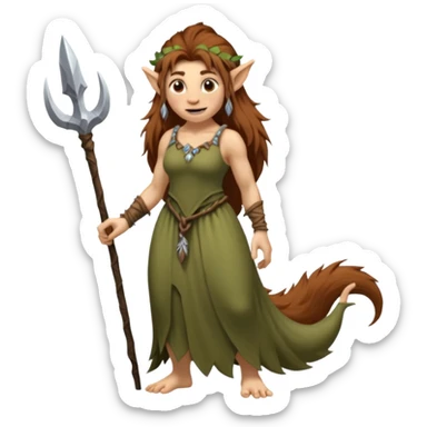 Norwegian forest mountain troll lady, Huldra, brown beautiful hair, pointy ears, long dress, long tufted tail, sharp teeth (full body) sticker