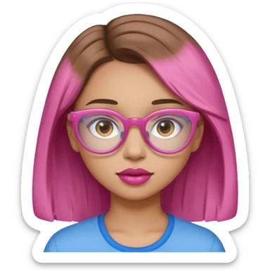 A girl with light skin, brown eyes, blue glasses, pink lips, and light brown hair. sticker