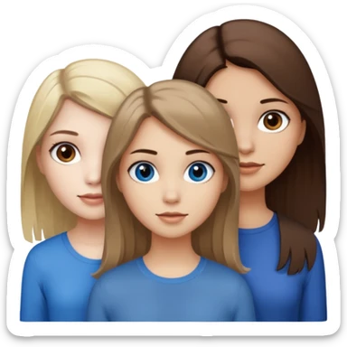 a trio of people where one girl in the back has white skin, brown hair, and brown eyes; another girl in the back has white skin, dirty blonde hair, and blue eyes; and the girl in the front has tan skin, dark brown hair and dark brown eyes. sticker