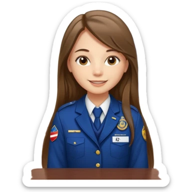 Young girl, long brown straight hair, wearing uniform jacket with hotel name badge, tasteful scarf, stand behind the desk

 sticker
