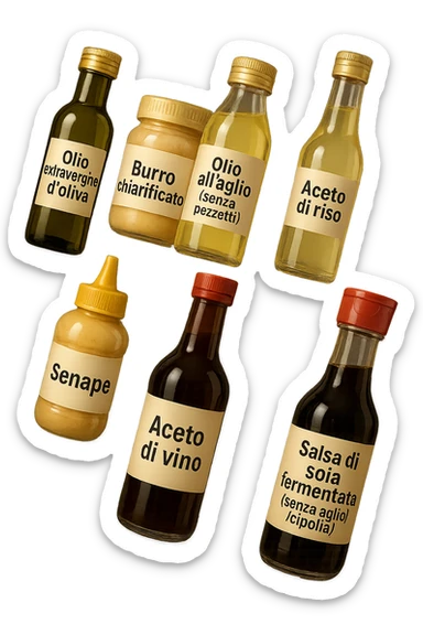 emoji stile iphone 3d di questi elementi che fluttuano in aria sparsi casualmente:

Olio extravergine d’oliva, burro chiarificato
Olio all’aglio (senza pezzetti)
Aceto di vino, aceto di riso, senape, tahin
Salsa di soia fermentata (senza aglio/cipolla)


 che fluttuano sparse casualmente in aria, le etichette dei prodotti scrivile in italiano, iperealistico 4k sticker