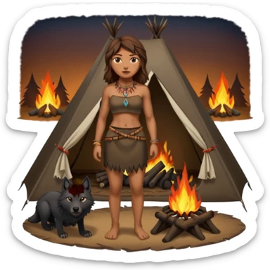 a NEANDERTHAL WOMAN WITH BROWN HAIR STANDING BY A FIRE AND TENT WITH BLACK WOLF sticker