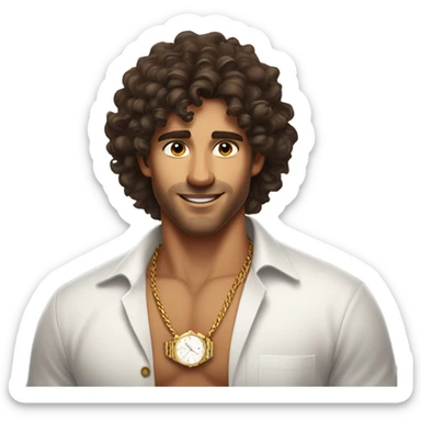A waist up shot of a handsome tan man with dark brown curly hair wearing a white shirt and a gold watch sticker