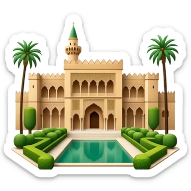 Cinematic Realistic Alhambra Landmark Emoji, showcasing the ornate historic palace with lush gardens rendered with rich textures and soft, majestic lighting. sticker