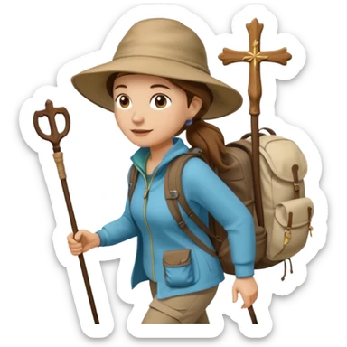 Middle aged women, long brown hair in ponytail with wide brim hiking hat. Walking with backpack and trekking poles. Backpack gas a scallop shell with the cross of saint james hanging from it. She is a pilgrim on the Camino Frances on her way to Santiago de Compostela sticker