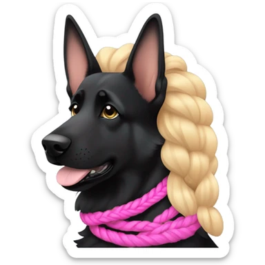 black german shepherd wearing a pink collar next to her owner who has blue eyes and sandy blonde hair in a single braid sticker