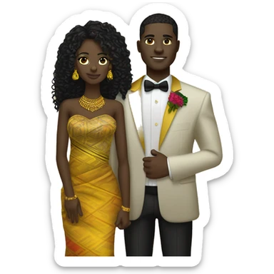 Ghanaian bride with black long curly hair and groom with black short curly hair. Gold jewelry and gold head with kente one shoulder dress. Kente cloth sticker
